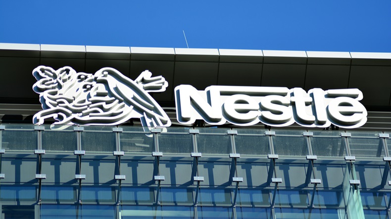 Nestle brand logo on a building in Warsaw, Poland