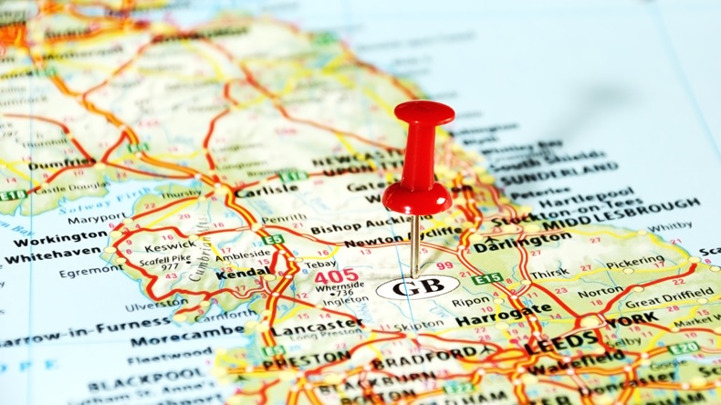 Close up of United Kingdom map with red pin - Travel concept - Image 