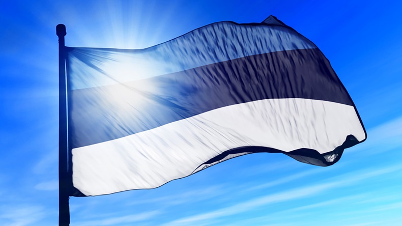 Flag of Estonia flies against blue sky with sun behind
