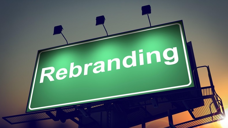 Green billboard that says 'rebranding'
