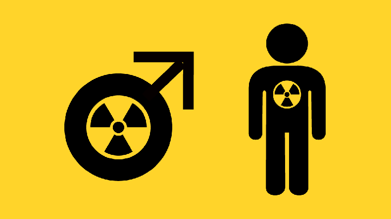 Toxic masculinity - Danger of aggressive and dominant macho alpha-male, bad masculine patriarchy. Vector illustration of men and male sex with radiation symbol - Vector