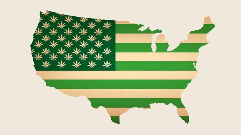 Usa map as green flag with cannabis leaf. Bikini girl smoke joint. - Illustration 
