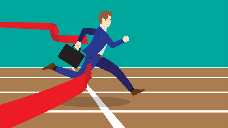 Business Concept As A Full-Energy Businessman Running On Track To Get Through Red Ribbon As Finish Line. It Means Performing The Best Effort To Succeed The Goal And Overcome Difficulty Ahead.