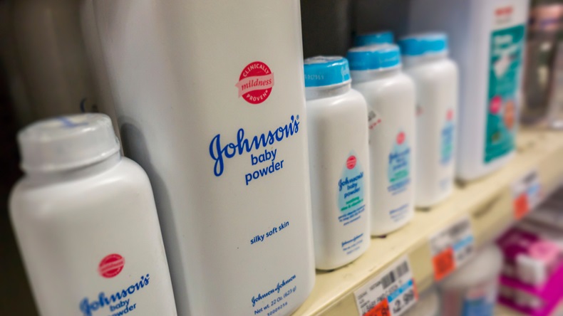 JNJ baby powder, New York NY/USA-February 24, 2016 A container of Johnson & Johnson brand Johnson' s Baby Powder in a drugstore in New York