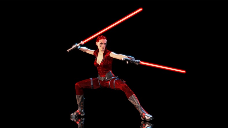 Redhead warrior girl with two sci-fi light swords, braided woman with futuristic saber weapon isolated on black background, 3D rendering - Illustration 