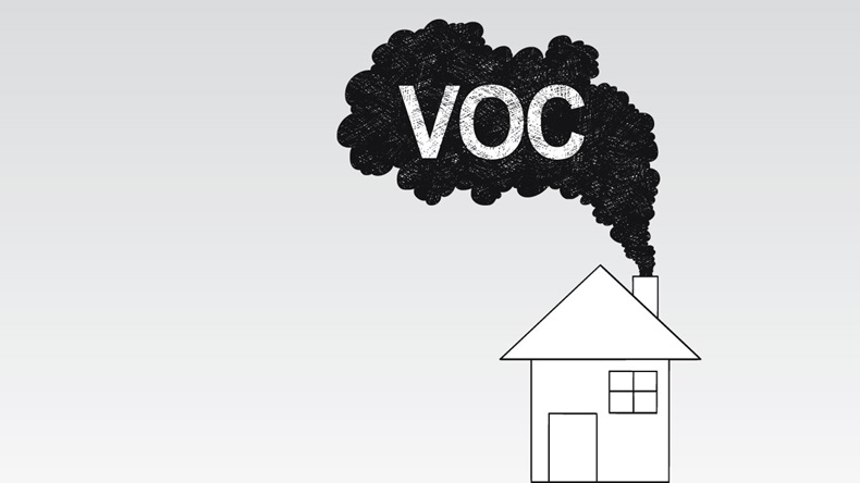 Vector artistic pen and ink drawing illustration of smoke coming from house chimney into air. Environmental concept of VOC or volatile organic compound pollution. - Vector 