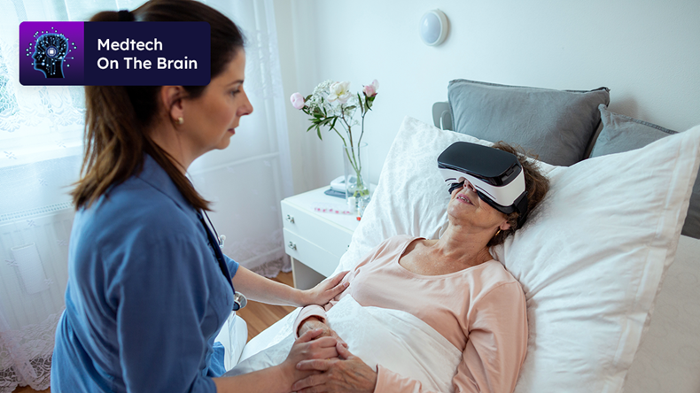 Medtech On The Brain - Senior Female Patient Relaxing In Hospital Bed with Virtual Reality Headset.